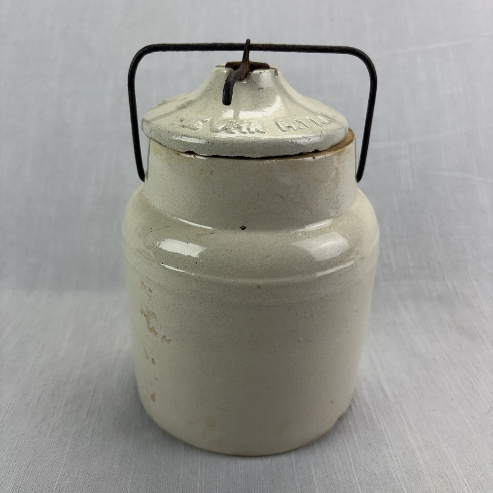 Vintage April Fool Stoneware Crock Jar with Lid & Wire Bail Handle Off-White